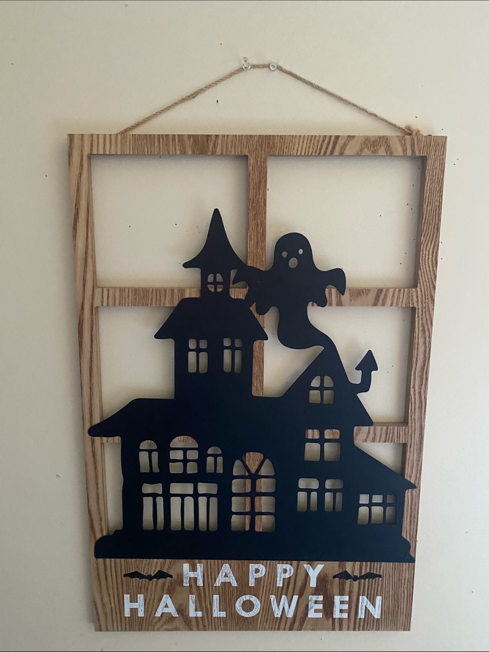 Large Wooden Haunted House Window Frame Wall Decor - Happy Halloween (16x24)